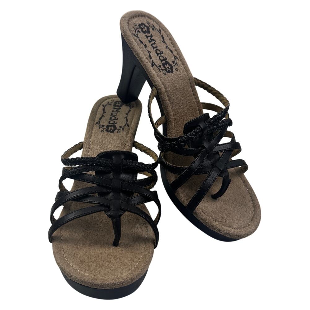 Mudd Y2K Festival Vibes Brown Faux Leather Strappy Slip On Heels Women's Size 9